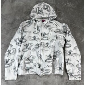 Disney Tinkerbell Hoodie Women XL White Zip Up All Over Print Sketch Good